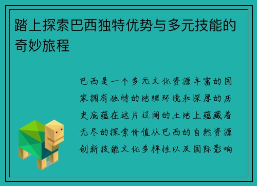踏上探索巴西独特优势与多元技能的奇妙旅程